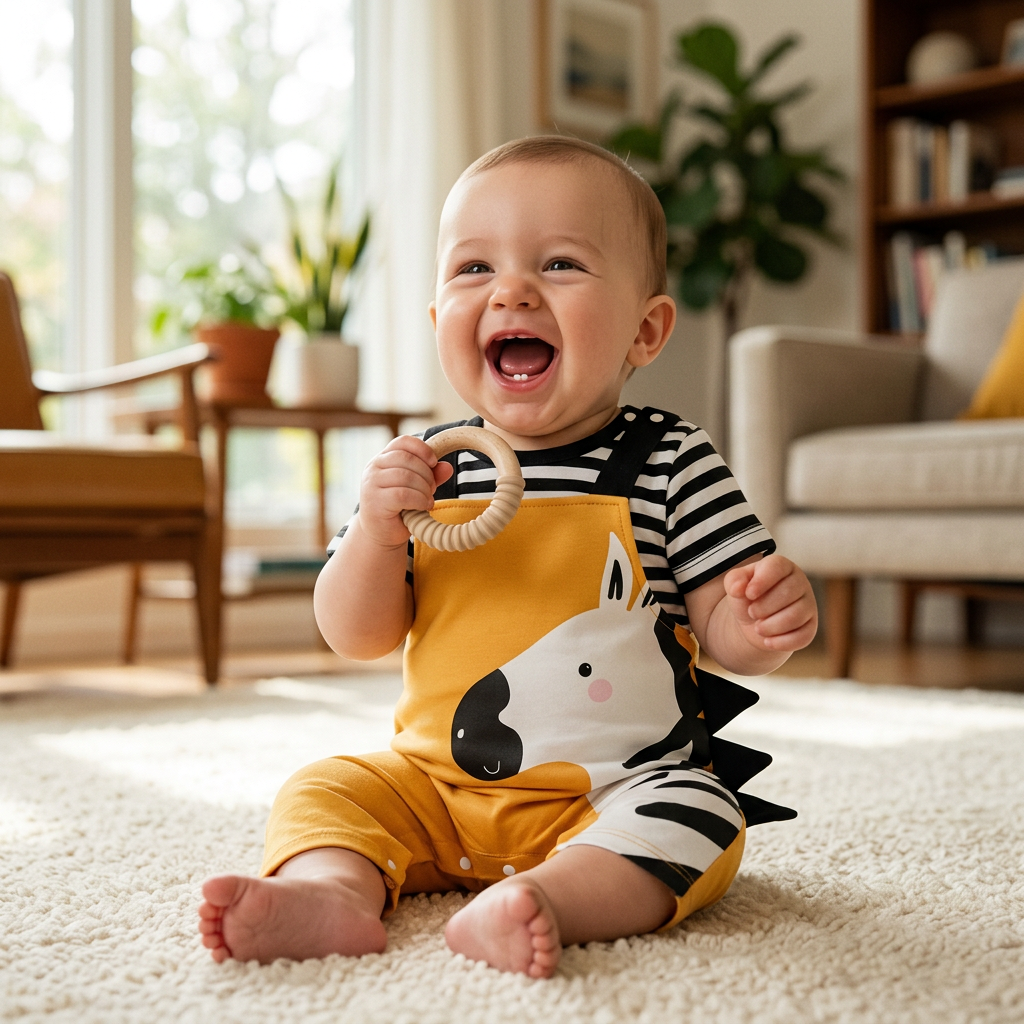 Bébé en grenouillère imprimé zèbre Mimou souriant pour montrer deux dents du bas à l'avant