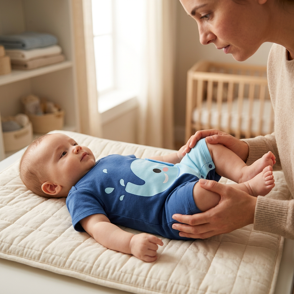 Parent faisant doucement du vélo avec les jambes d’un bébé pour soulager la constipation, bébé en grenouillère Mimou éléphant