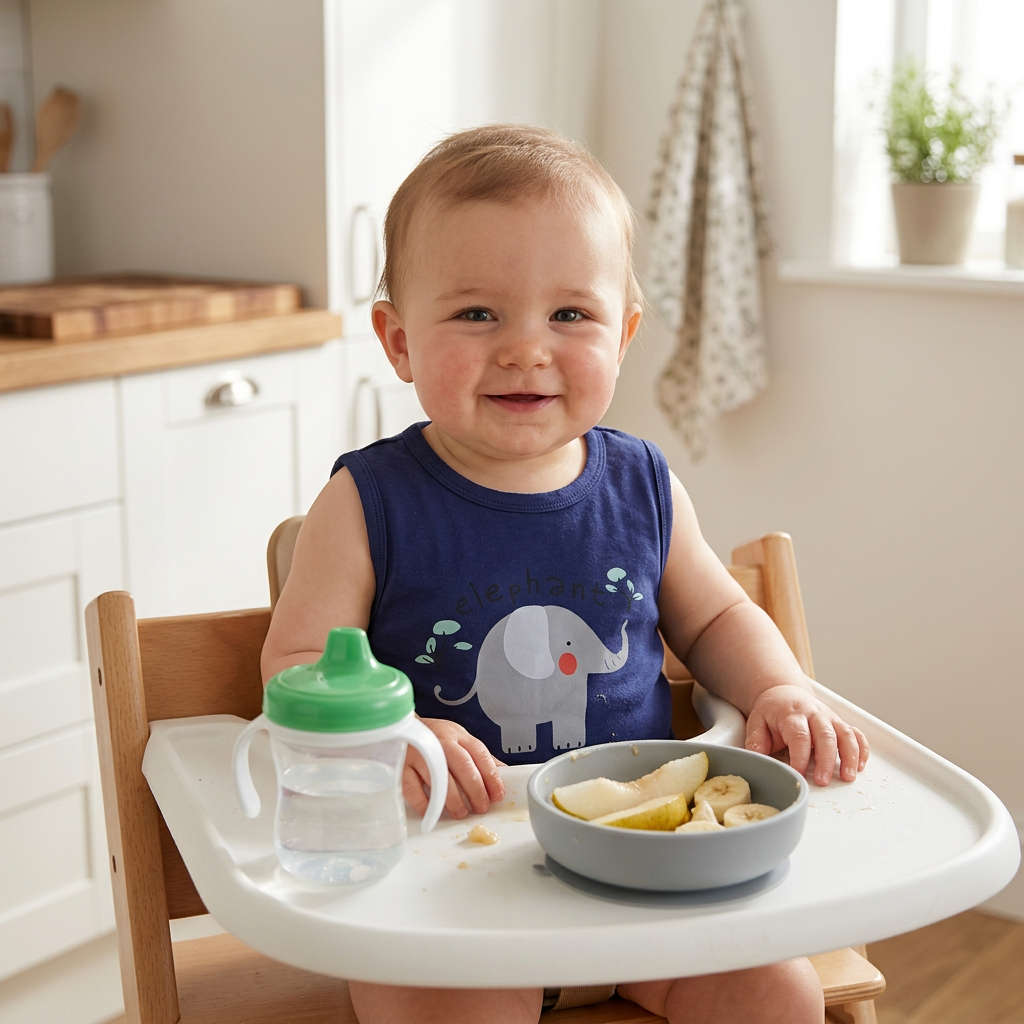 Bébé content en body Mimou éléphant avec de l’eau et des fruits mous sur le plateau de la chaise haute