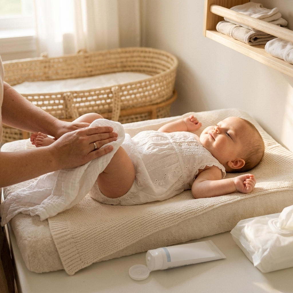Parent tapotant doucement la peau d’un bébé pour la sécher sur un matelas à langer, bébé en grenouillère blanche en coton Mimou