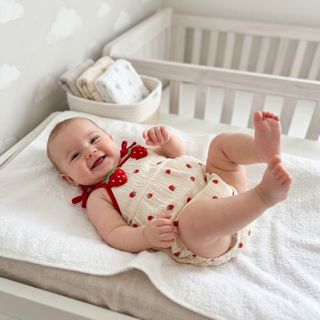 Bébé heureux en grenouillère Mimou en mousseline fraise pendant un moment de jeu sans couche détendu