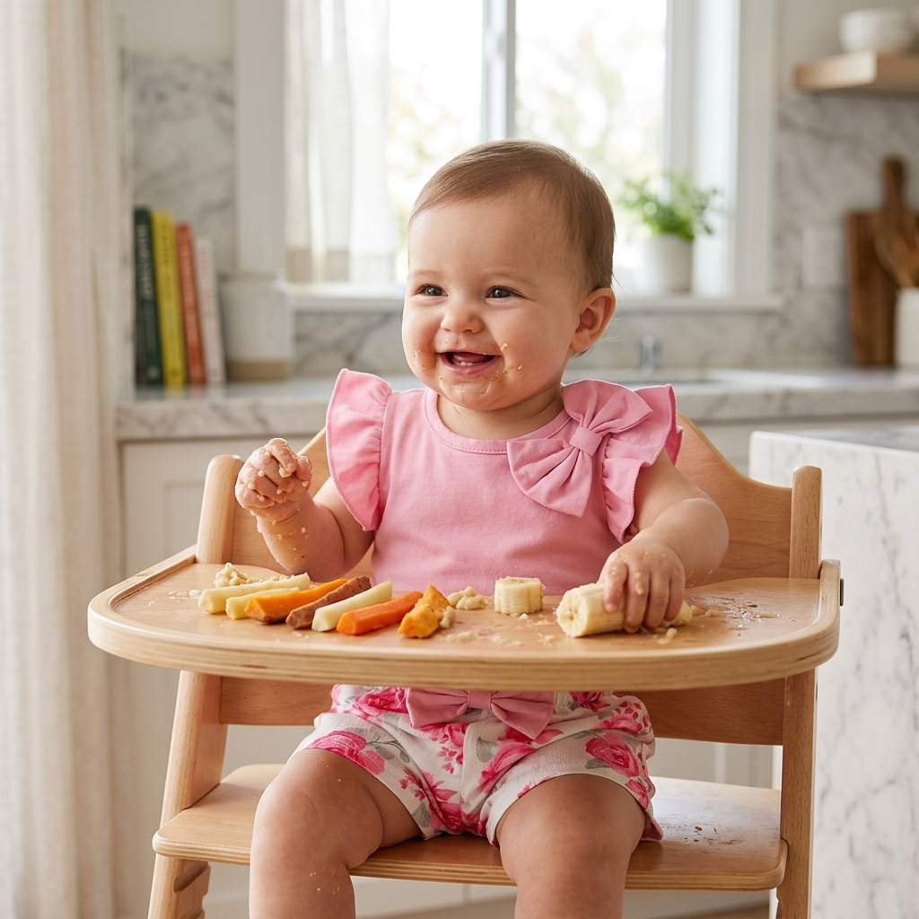 Bébé dans un ensemble Mimou rose joli qui se nourrit seul avec des aliments mous à manger avec les doigts dans une chaise haute