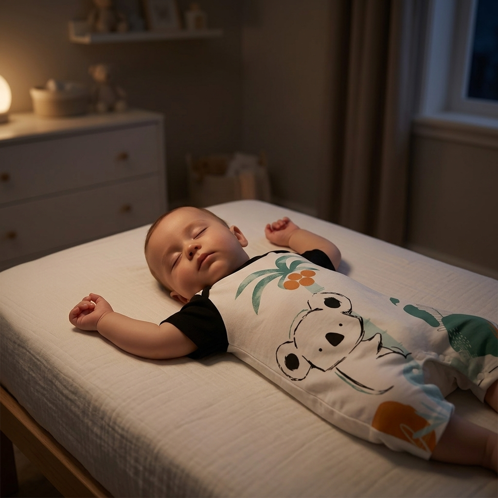 Bébé dormant paisiblement sur le dos dans un lit portant une grenouillère Mimou koala