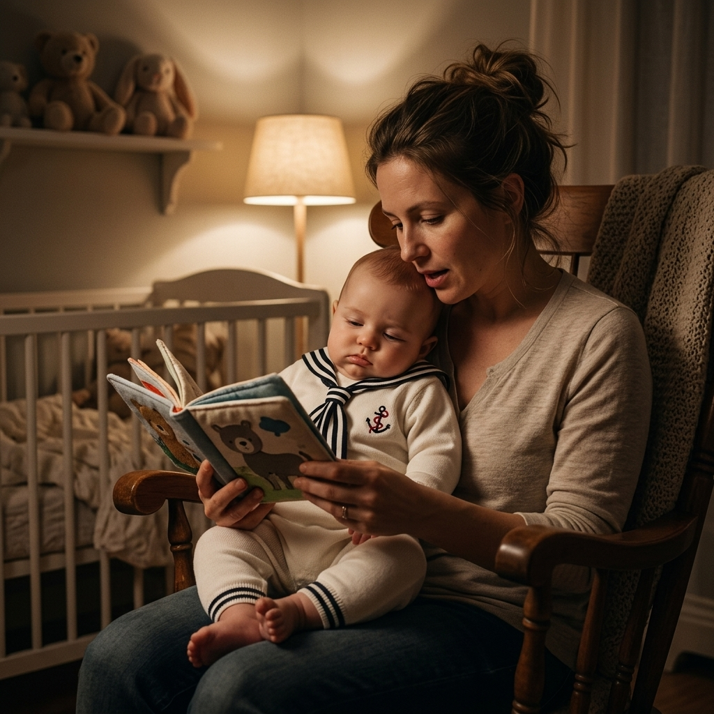 Parent et bébé somnolent en grenouillère Mimou marin tricotée lisant un livre pendant une routine calme du coucher