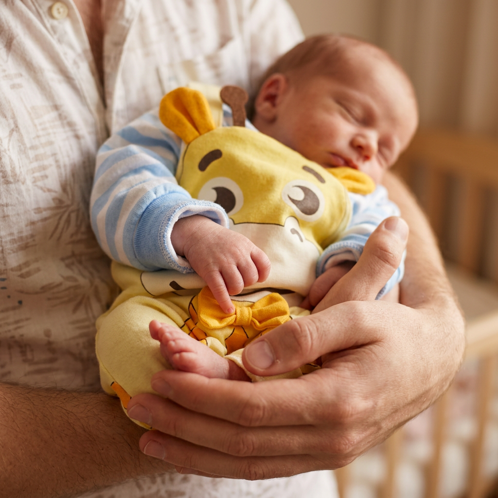 Tout-petit nouveau-né dans une combinaison en coton Mimou douce avec motif cerf, tenu dans les mains d’un parent