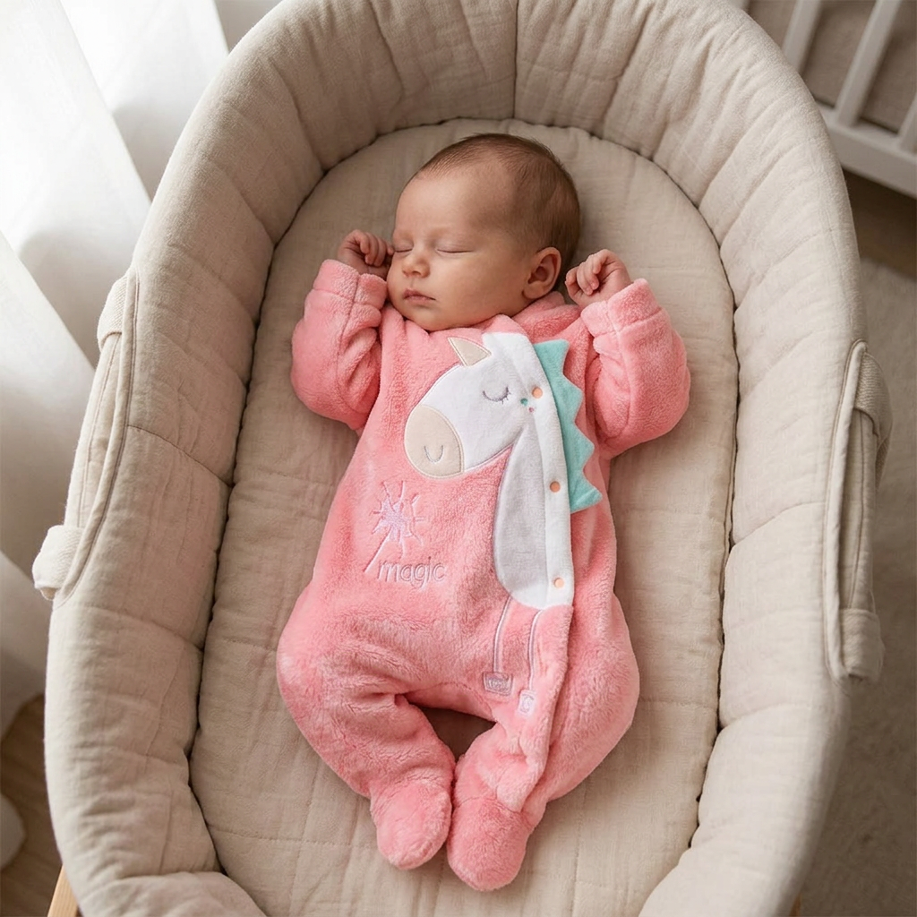 Tout-petit nouveau-né dormant bien au chaud dans une combinaison Mimou rose en polaire avec pieds dans un berceau