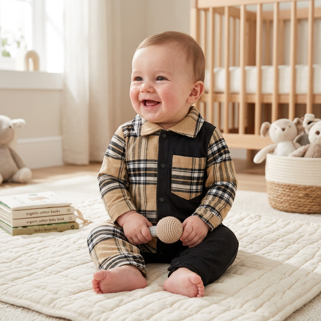 Bébé dans une grenouillère Mimou à col écossais bien ajustée, assis joyeusement