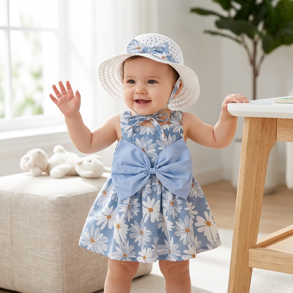 Petite fille dans une robe Mimou fleurie bien ajustée avec un chapeau assorti