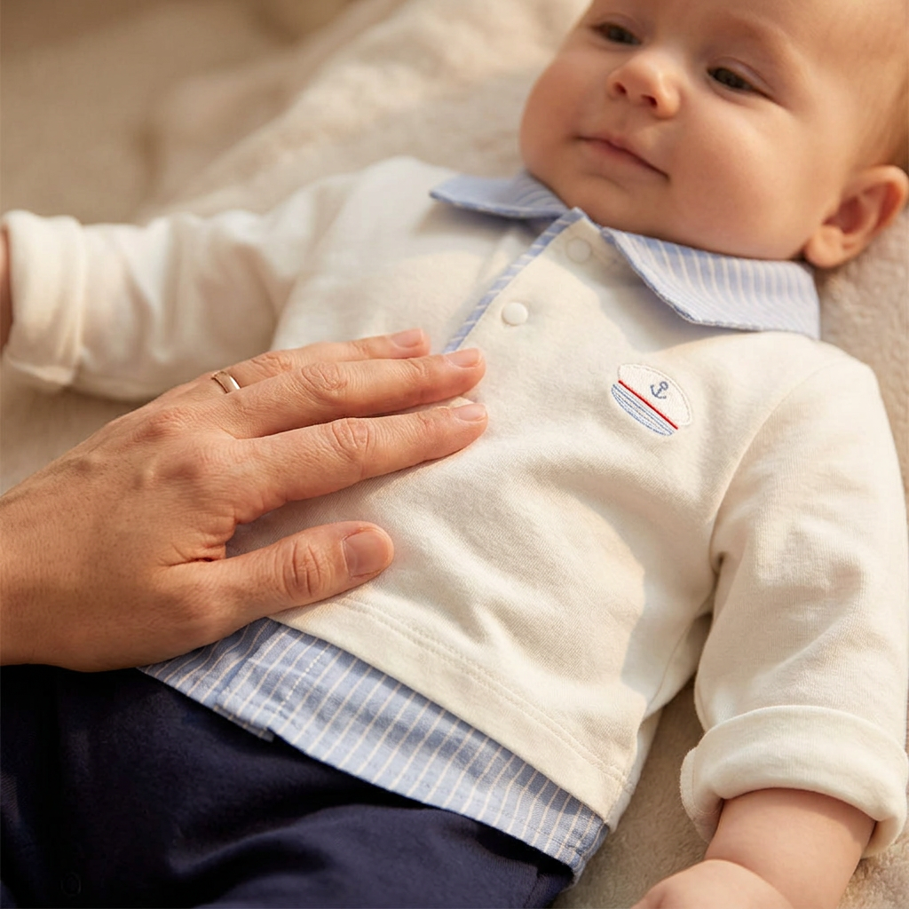 La main d'un parent reposant sur le coton doux d'un polo grenouillère Mimou pour bébé