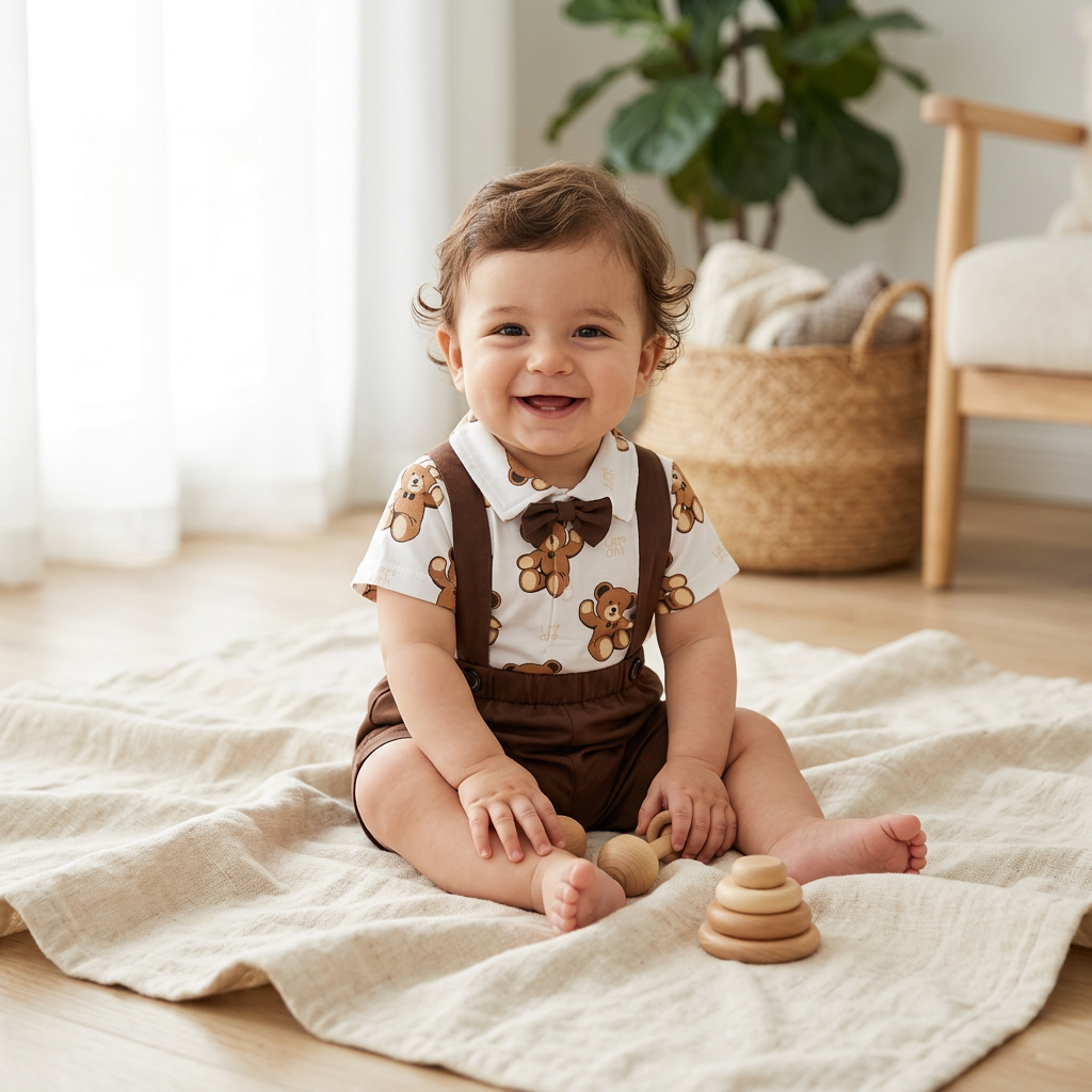Bébé heureux dans une tenue douce en coton Mimou imprimé ours jouant sur une couverture en lin