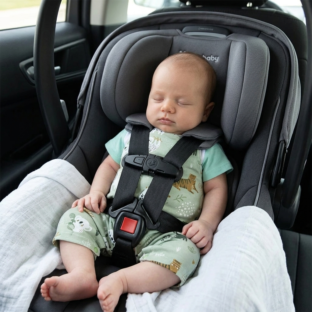 Newborn in a Mimou zoo print romper safely buckled into a car seat with thin layers