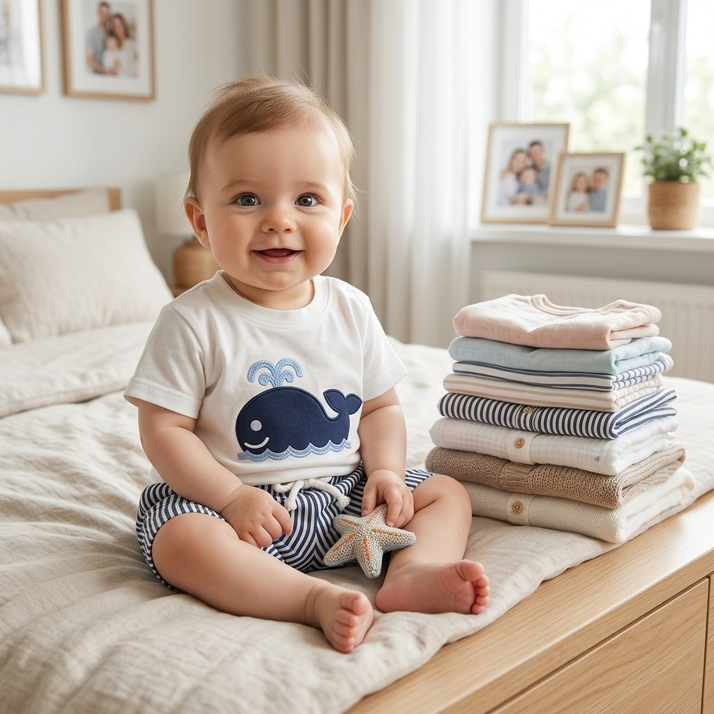 Baby in a Mimou cotton tee and shorts set beside a neat stack of folded baby clothes
