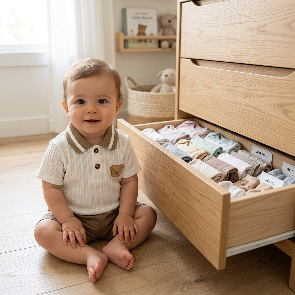 Baby in a Mimou bear polo set beside a drawer of neatly organized baby clothes