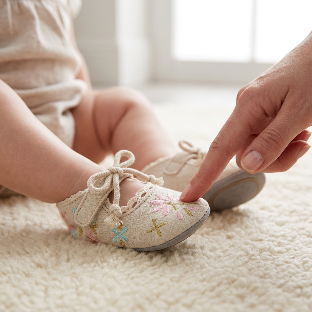 Parent checking the toe-room fit of a Mimou floral first walker shoe on a baby's foot