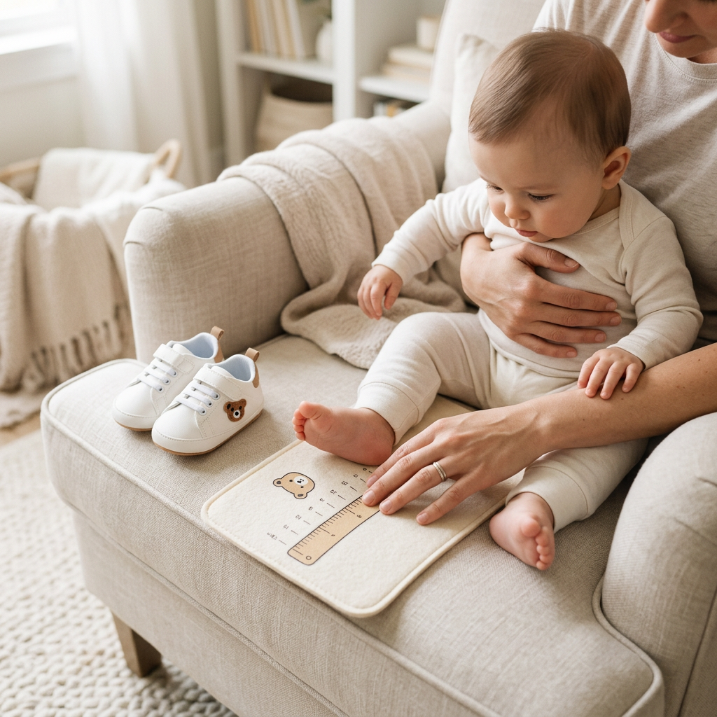 Parent measuring a baby's bare foot beside a pair of Mimou bear sneakers