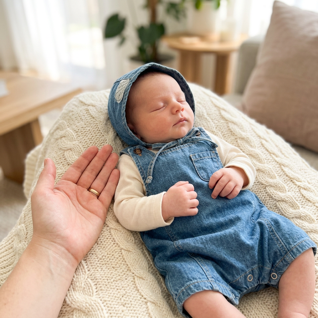 Newborn in a Mimou denim dungaree romper and matching bonnet on a soft blanket