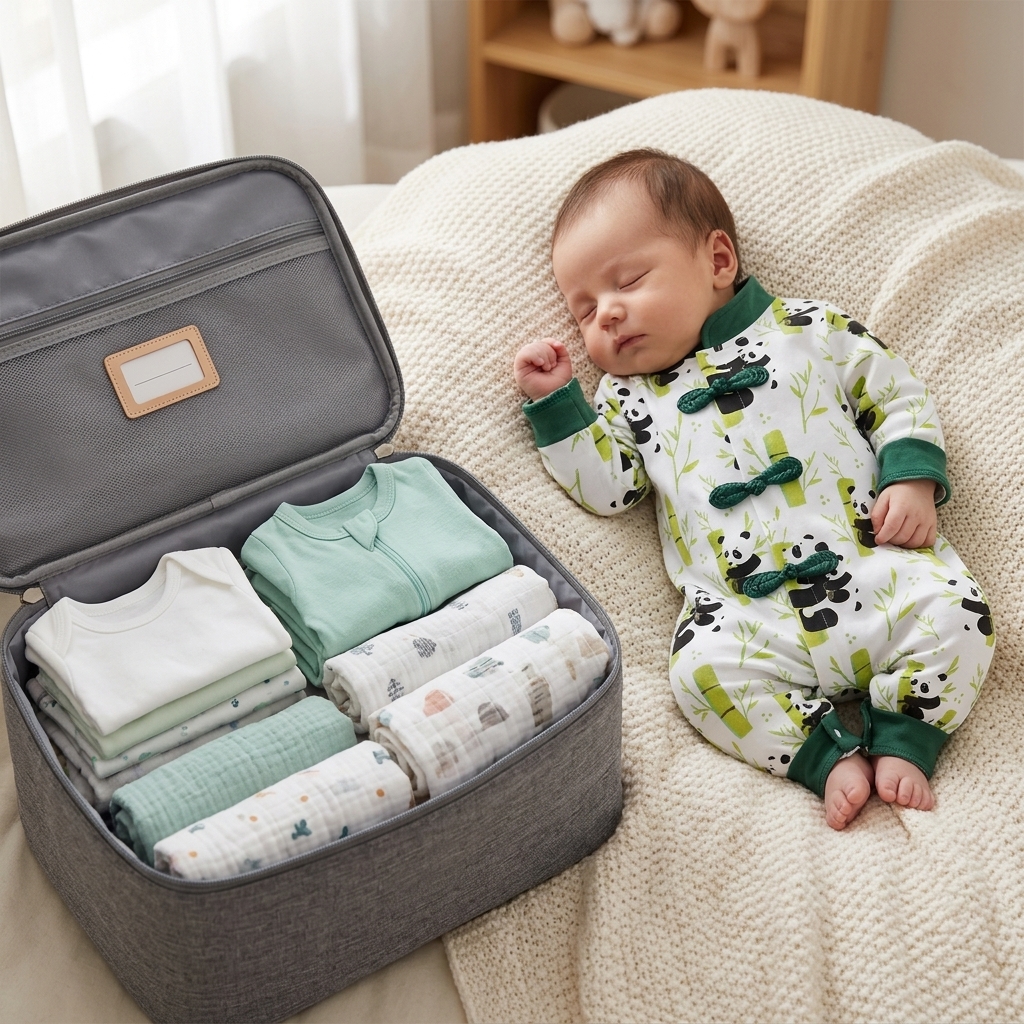 Newborn in a Mimou panda cotton suit beside a packed hospital bag with folded baby clothes