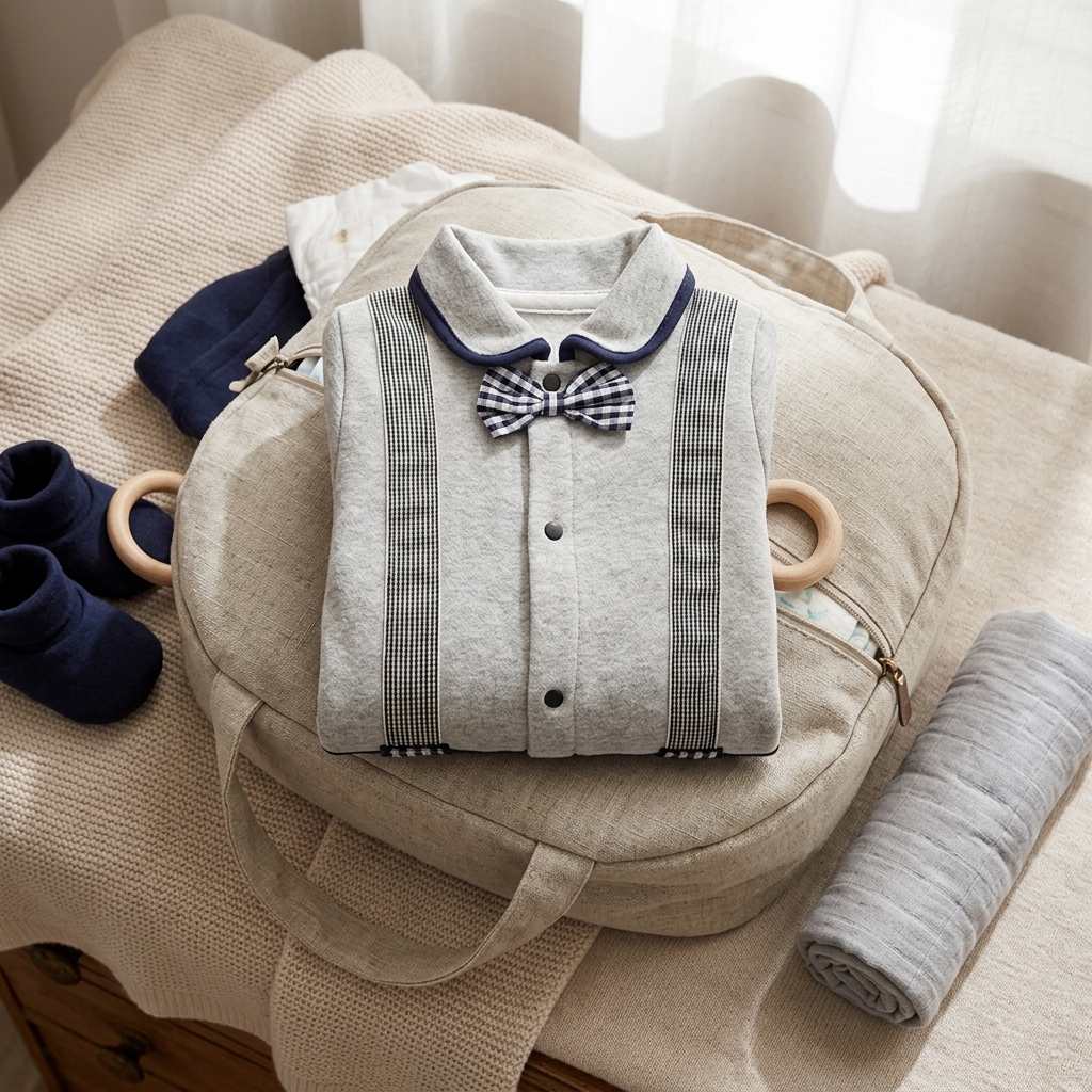 A Mimou gentleman romper folded neatly on top of a packed hospital bag