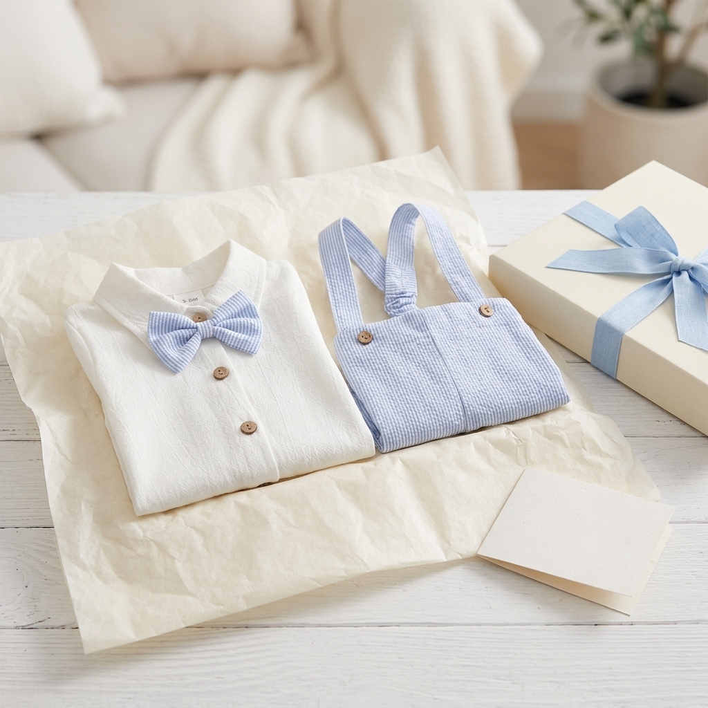 A Mimou little gentleman baby outfit set presented as a baby shower gift with ribbon