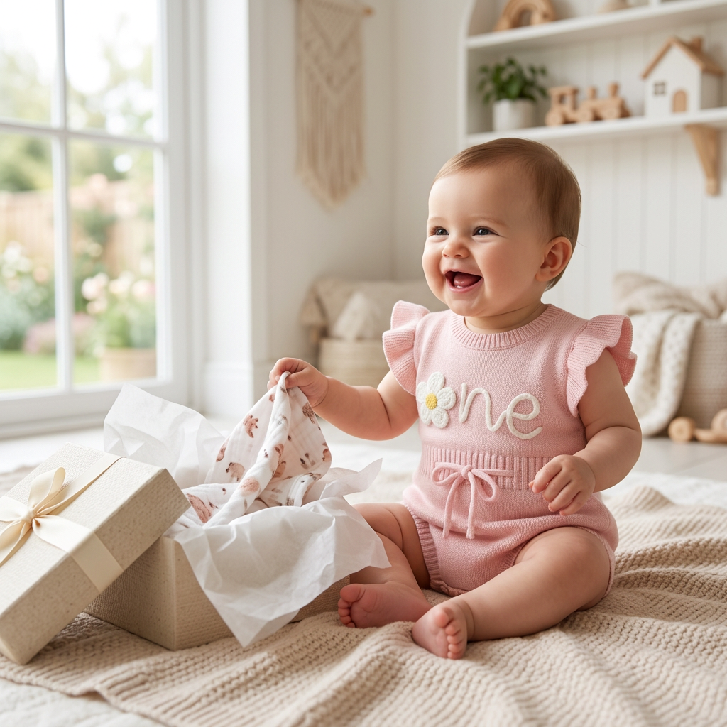 Happy baby in a Mimou floral knit romper beside an opened gift box