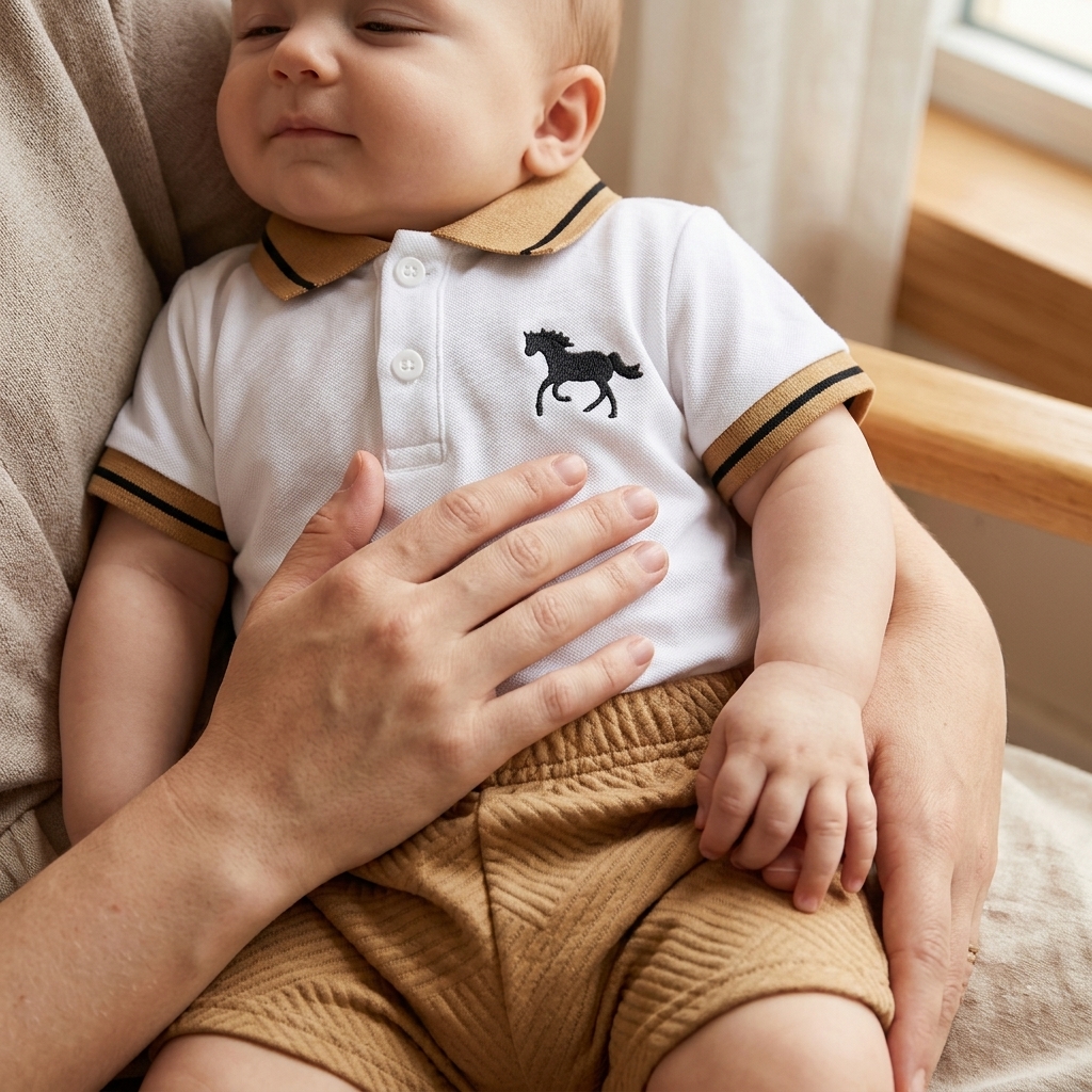 Parent's hand resting on the soft cotton of a Mimou polo and shorts set on a calm baby