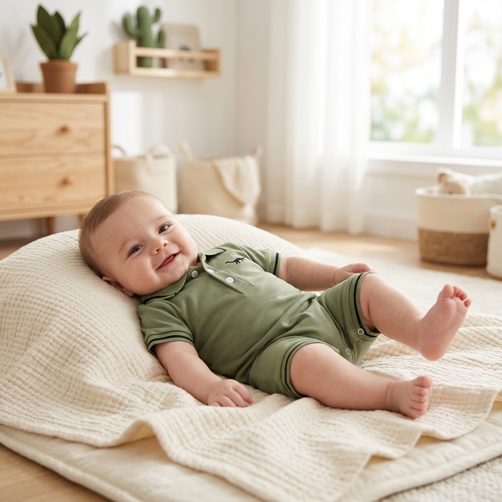 Comfortable baby in a soft Mimou cotton dino romper on a natural blanket