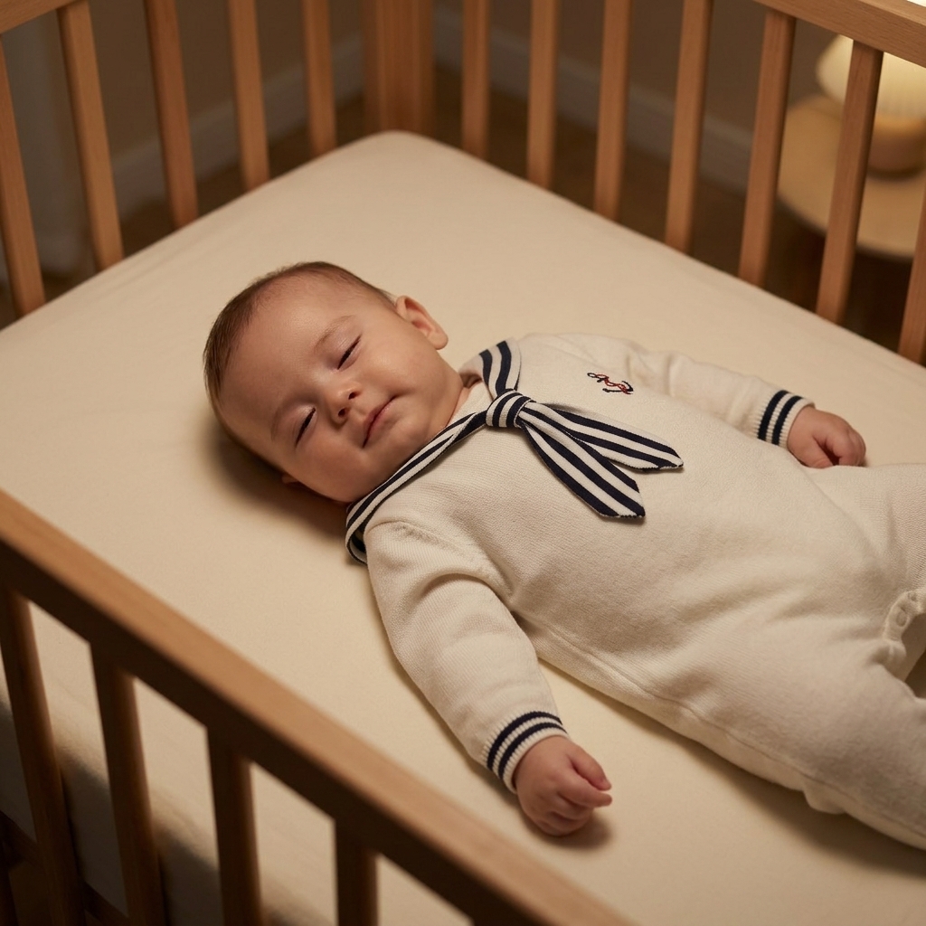Calm baby in a Mimou long sleeve knit cotton romper settling in a safe crib