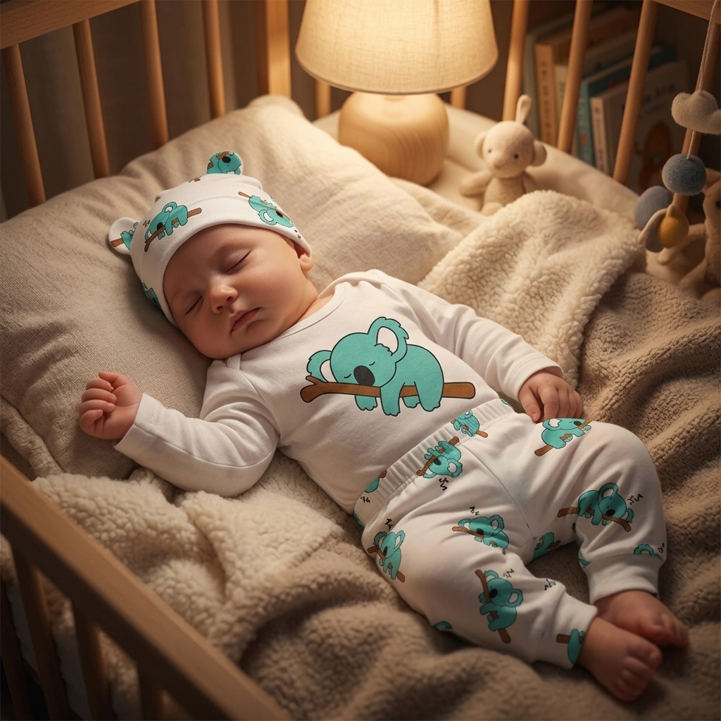 Baby in a Mimou long sleeve koala set ready for sleep in a softly lit nursery