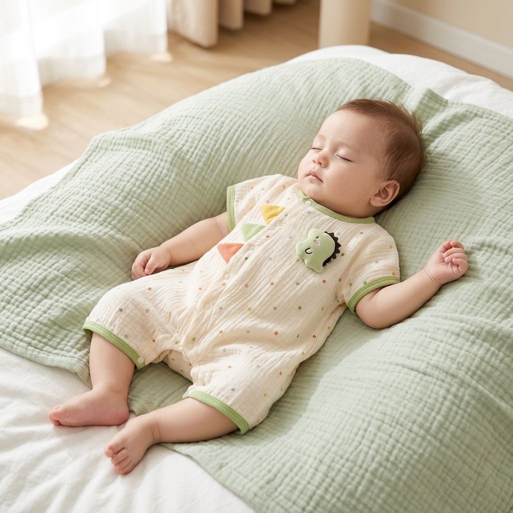 Baby in a lightweight Mimou muslin romper on a soft muslin blanket