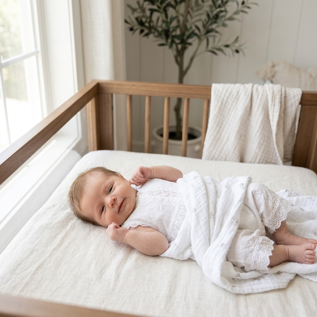 Baby in a Mimou white cotton romper loosely wrapped in a muslin swaddle