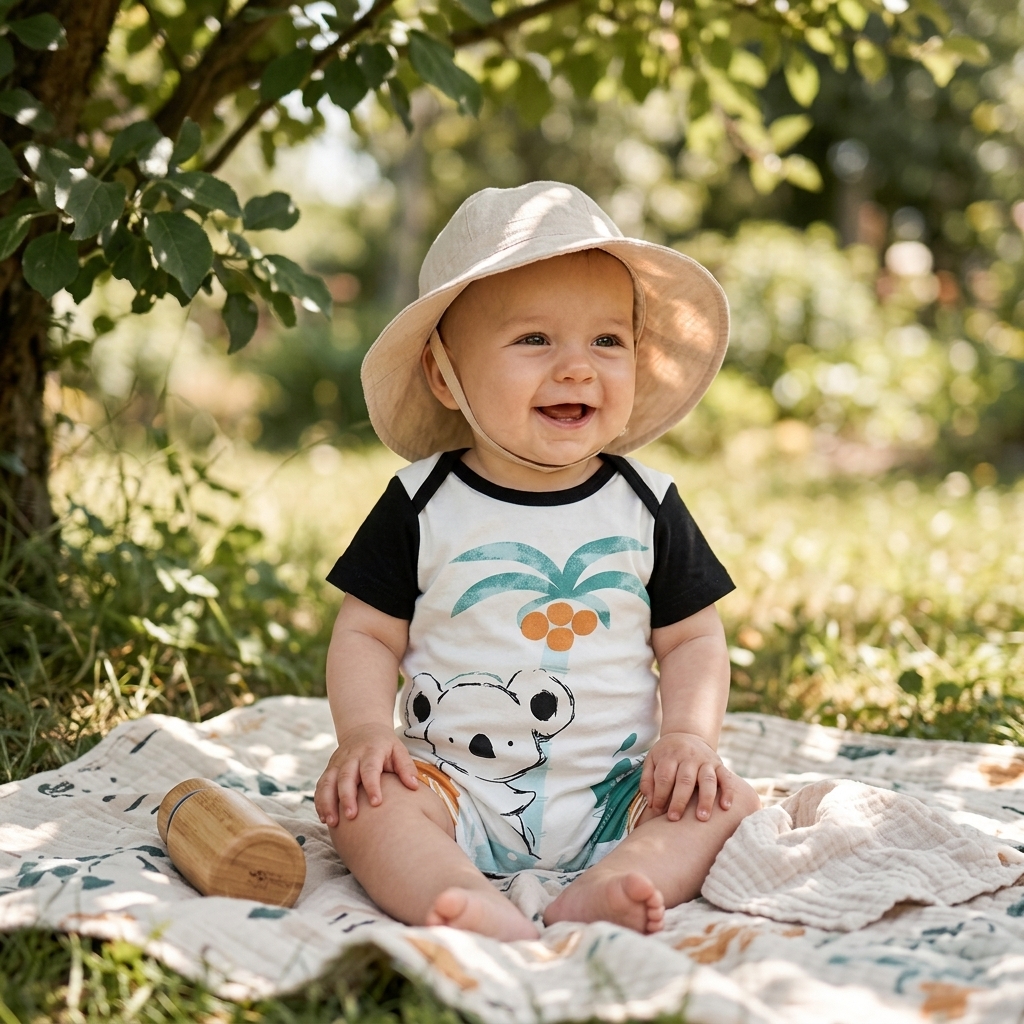 Baby in a lightweight Mimou cotton romper and sun hat sitting in shade on a summer day