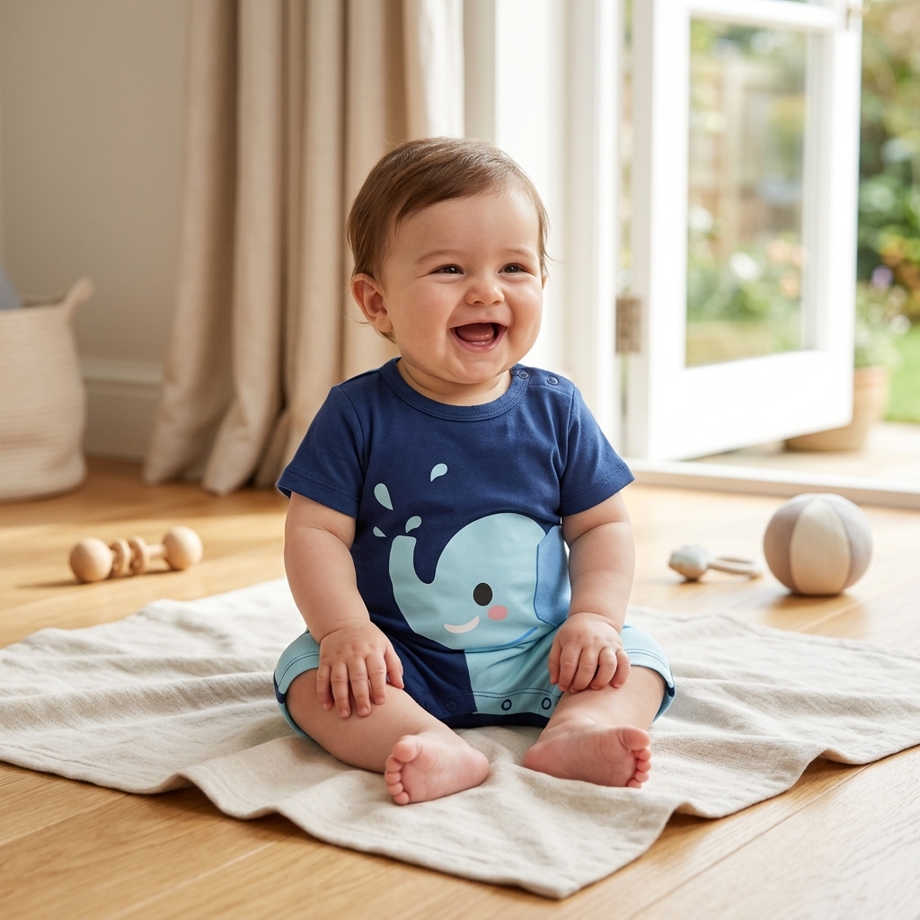 Cheerful baby in a lightweight Mimou short sleeve summer romper indoors by a window