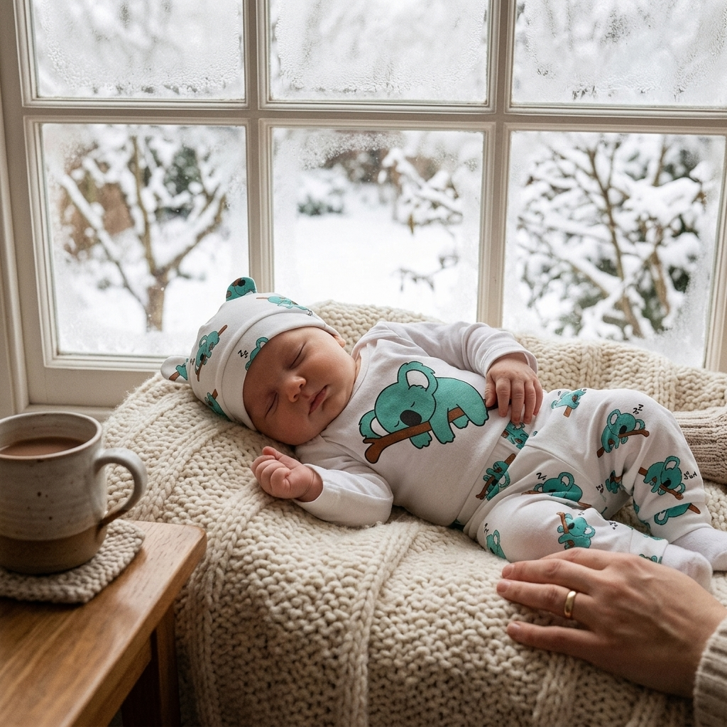 Cozy baby in a Mimou long sleeve koala set and hat warmly dressed by a window in winter
