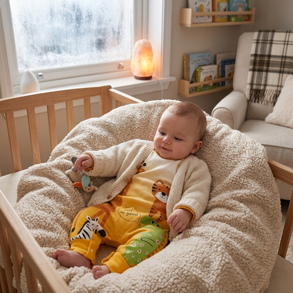Baby in a warm Mimou long sleeve cotton base layer in a cozy nursery