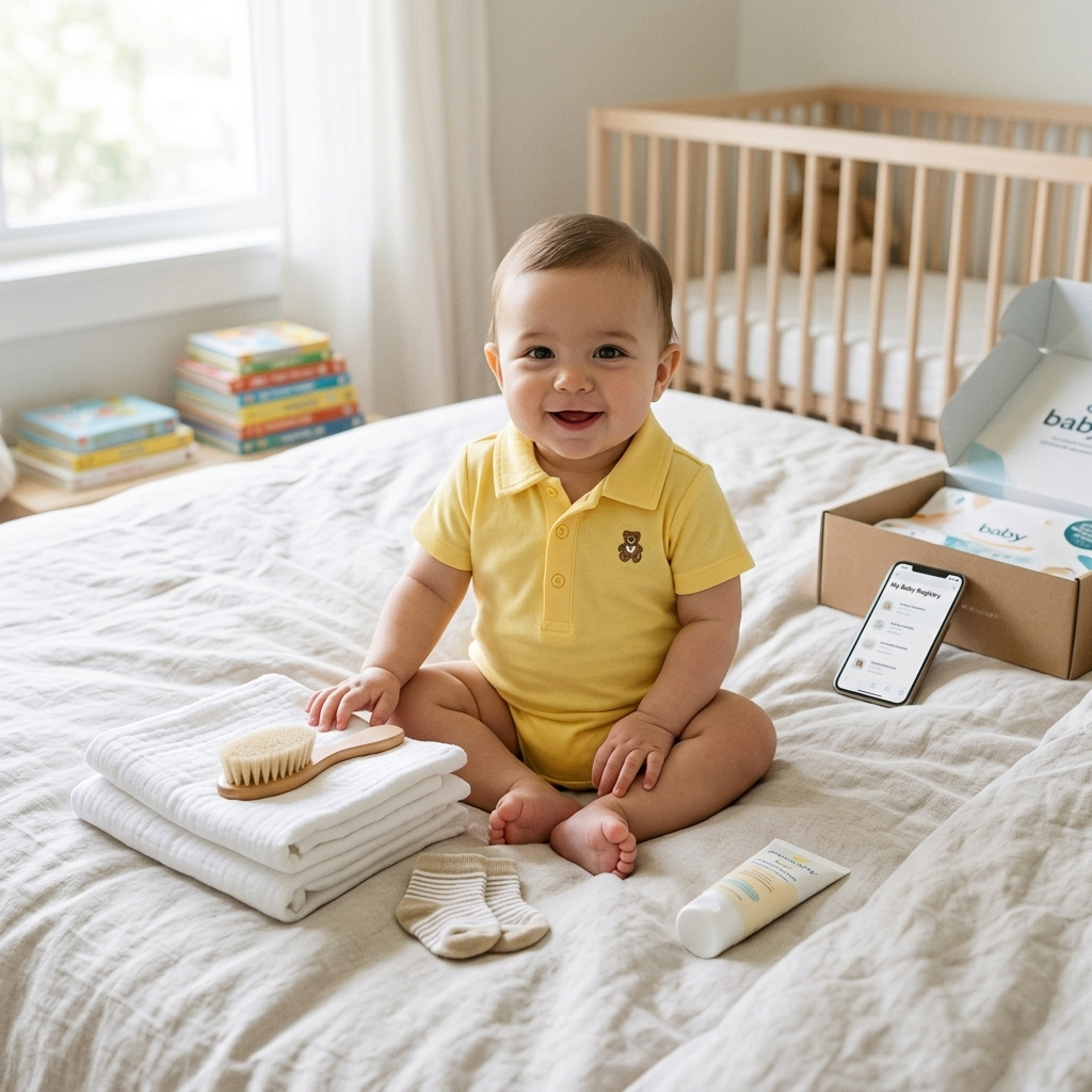 Baby in a Mimou cotton polo romper beside neatly arranged baby essentials and folded clothes