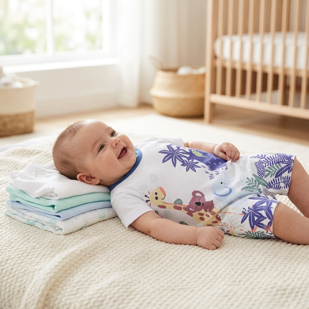 Baby in a Mimou jungle animals romper beside a stack of folded everyday baby basics
