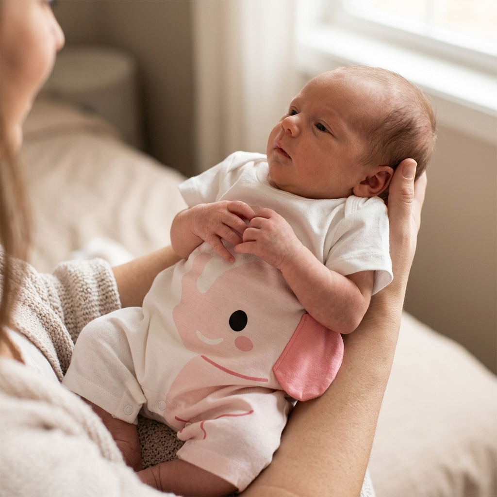Tiny newborn in a slightly roomy Mimou pink elephant romper cradled in a parent's arms