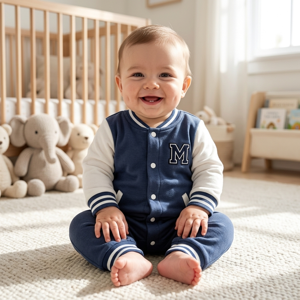 Older chubby baby in a well-fitting Mimou blue varsity-style romper sitting up