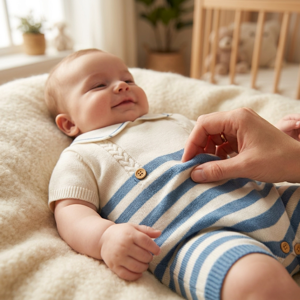 Parent feeling the soft knit fabric of a Mimou baby romper