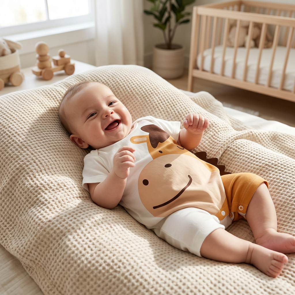Happy baby in a soft cotton Mimou horse print romper on a cotton blanket