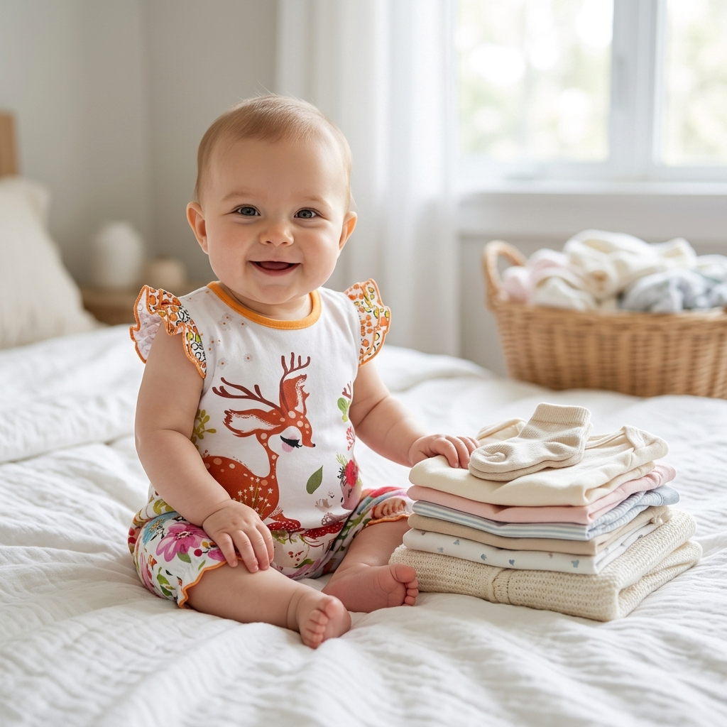Baby in a Mimou romper beside a stack of folded baby basics