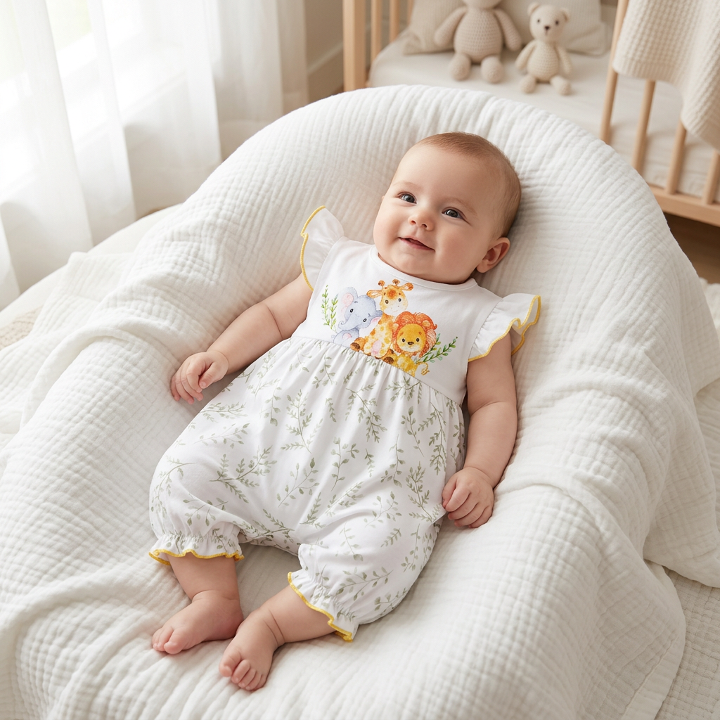 Content baby in a soft Mimou romper on a blanket