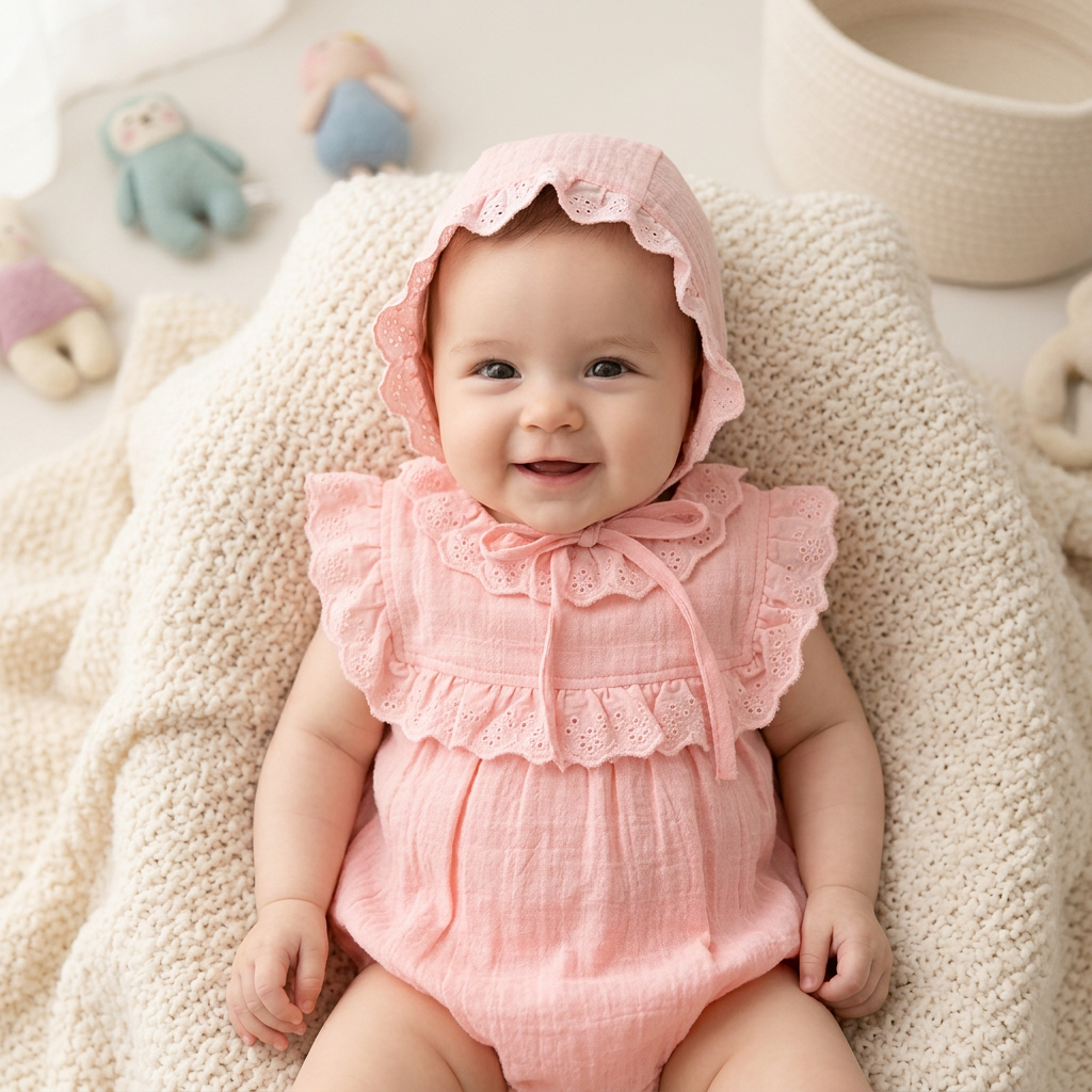 Baby in a Mimou pink eyelet lace romper and bonnet posed for a photoshoot