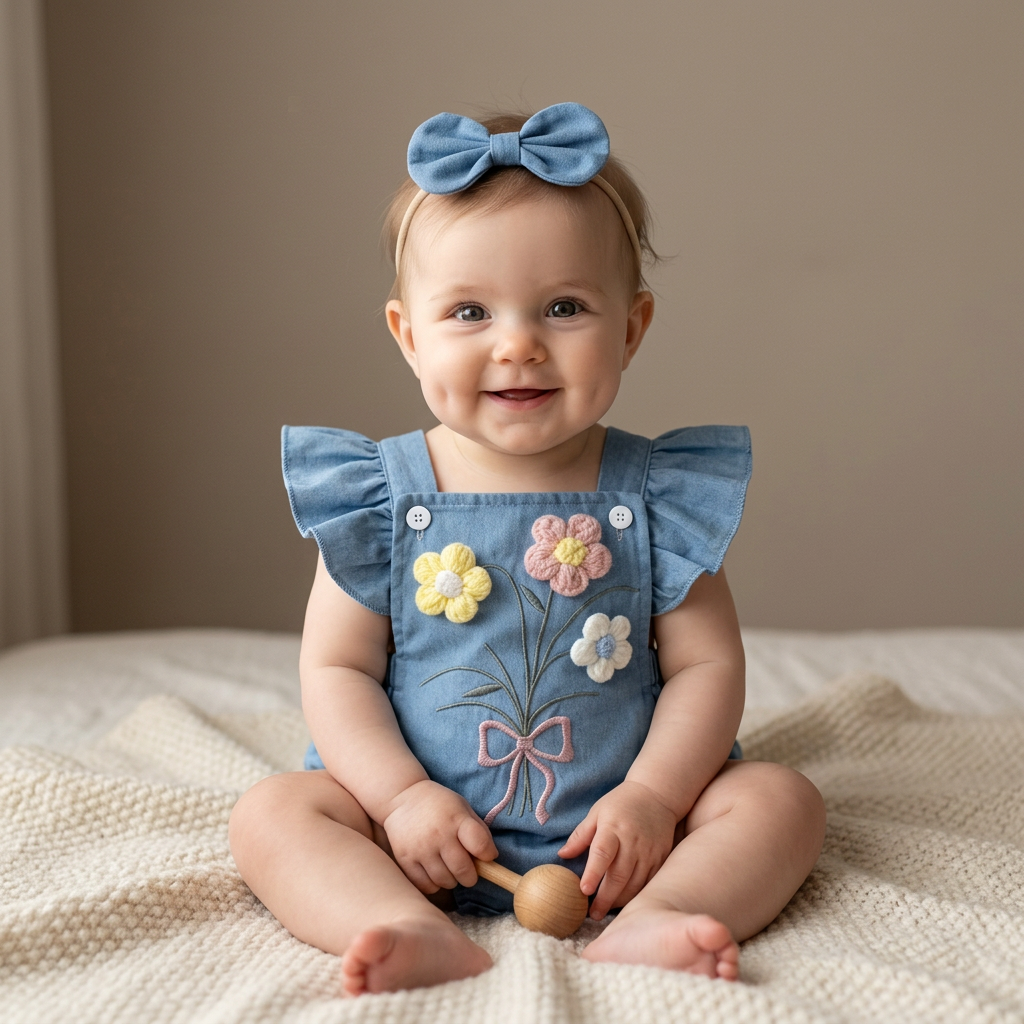 Baby girl in a Mimou wildflower denim romper and bow headband posed for a portrait