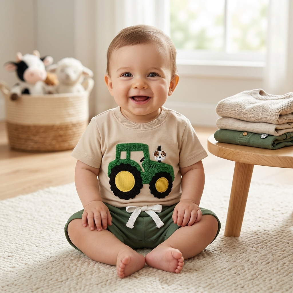 Toddler in a Mimou truck embroidery set playing beside a pile of folded baby clothes