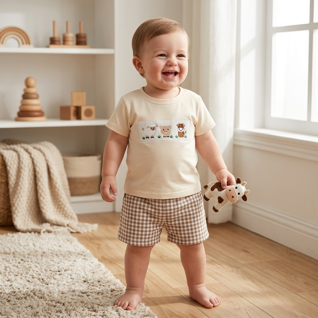 Toddler in a durable Mimou farm animals cotton set standing happily