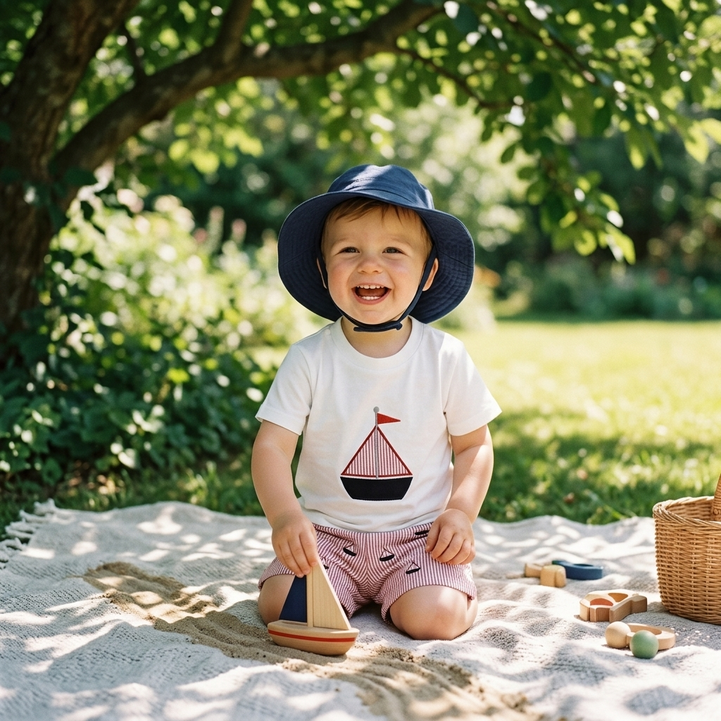 Toddler in a Mimou summer set and sun hat playing in shade on a sunny day