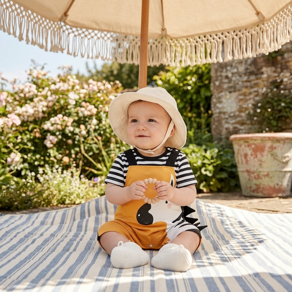 Baby in a Mimou zebra romper and sun hat sitting in shade under a parasol