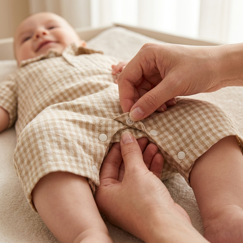 Parent fastening the secure snaps on a Mimou plaid polo baby romper