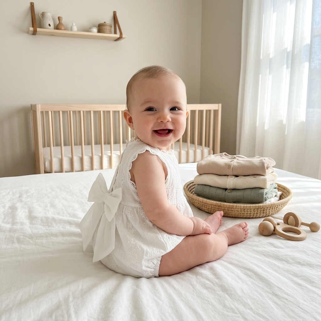Baby in a white Mimou cotton romper beside a small neat capsule of folded baby clothes